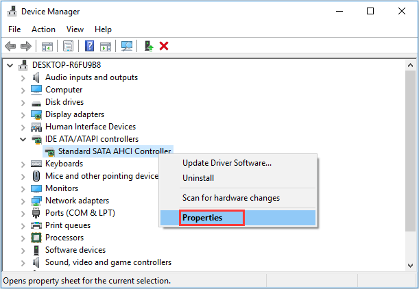 see the Properties of AHCI controller