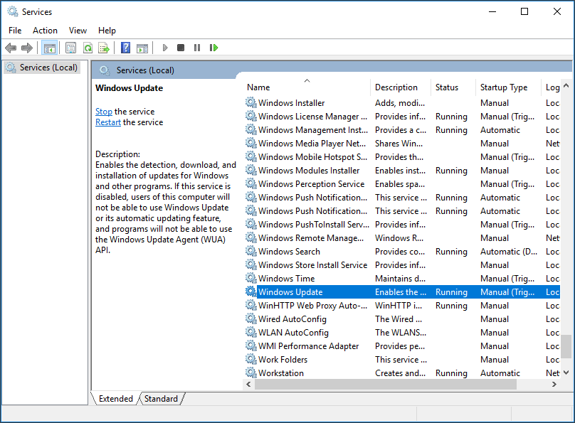 navigate to Windows Update in Service