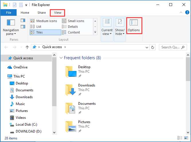 go to Options of File Explorer