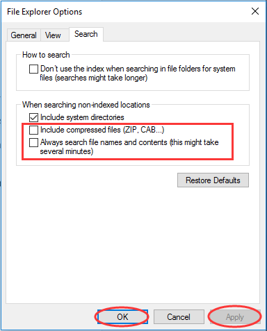 change the Search options