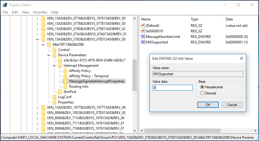 change the value data of MSISupported