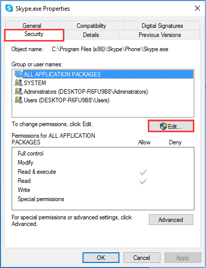 edit the Security of Skype