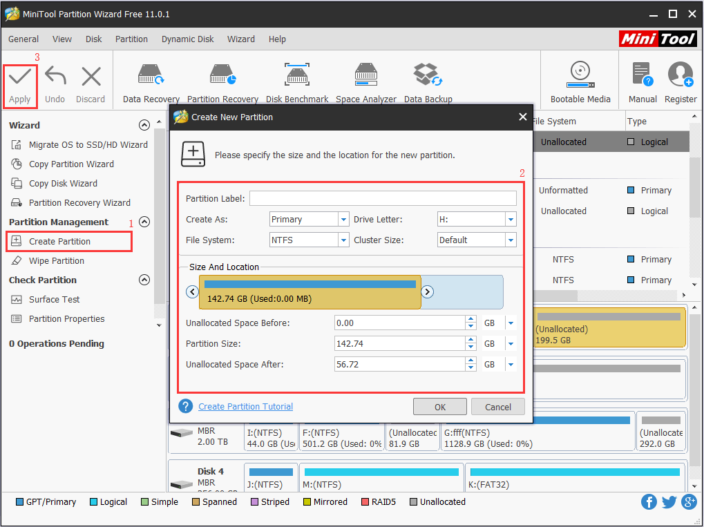 create partition using MiniTool Partition Wizard