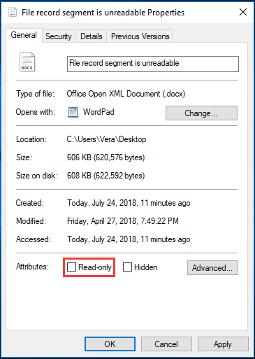 not check read-only status of file