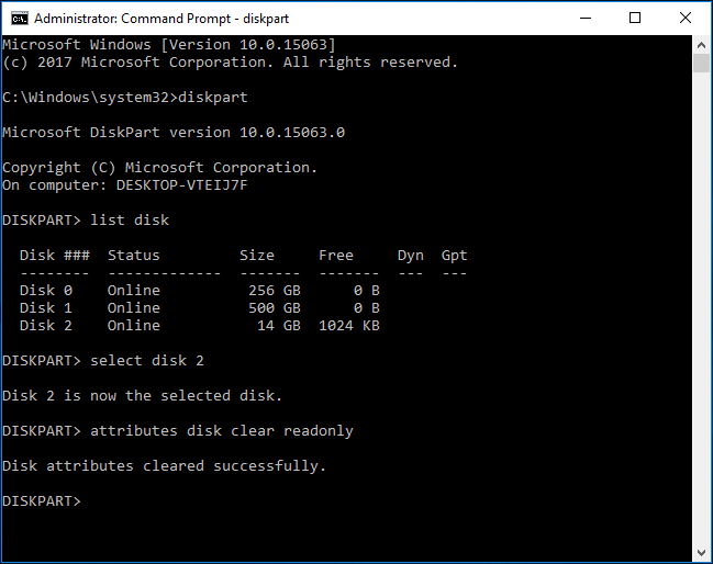 attributes disk clear readonly command