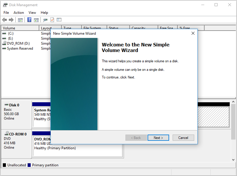 continue to create partition in Disk Management