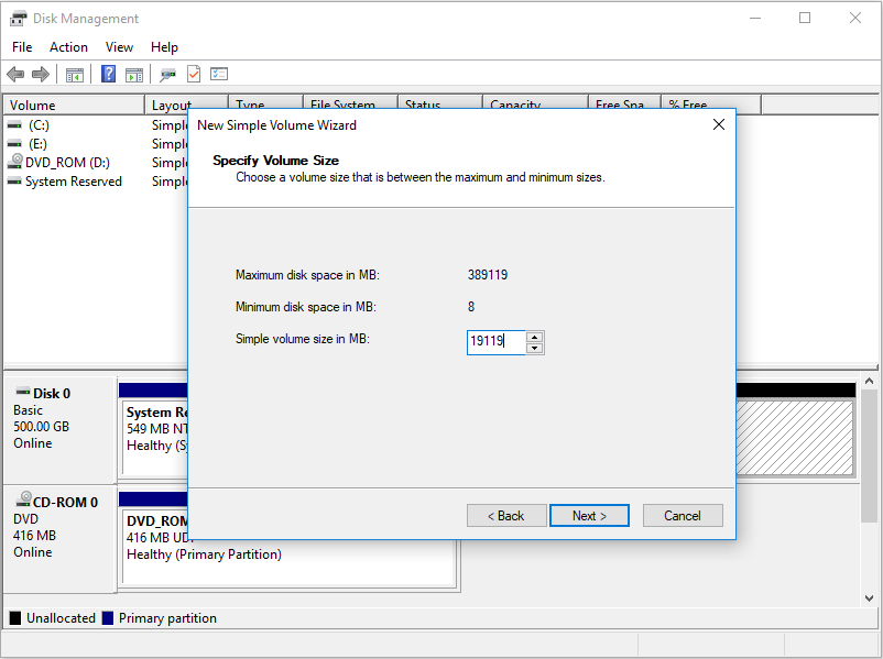 specify volume size in Disk Management