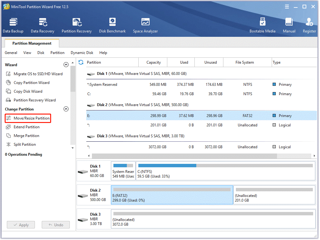 choose the Move/Resize Partition feature