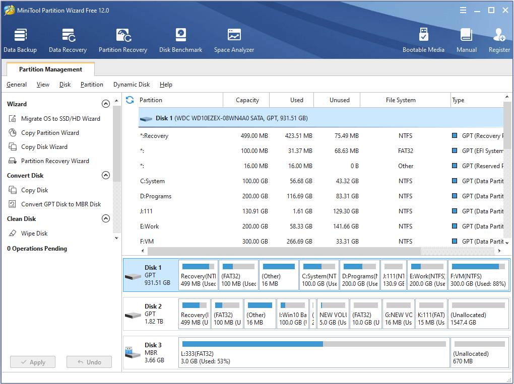 the main interface of MiniTool Partition Wizard Free