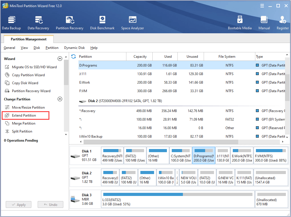 select the partition to expand and choose Extend Partition