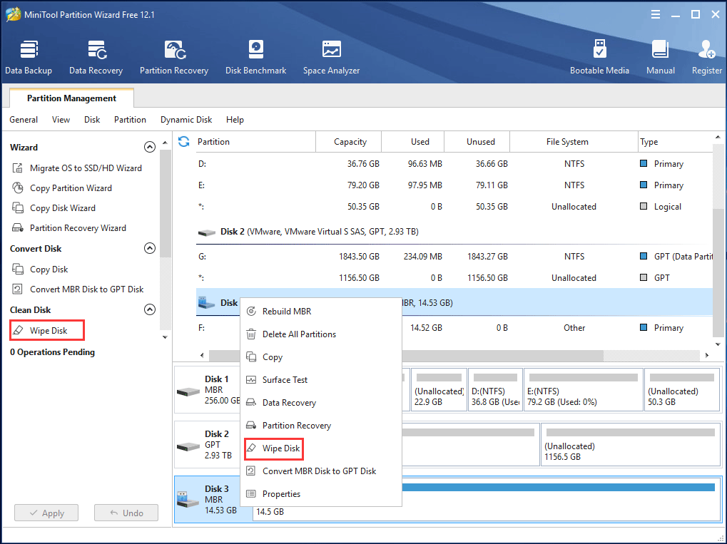 wipe USB drive with MiniTool Partition Wizard