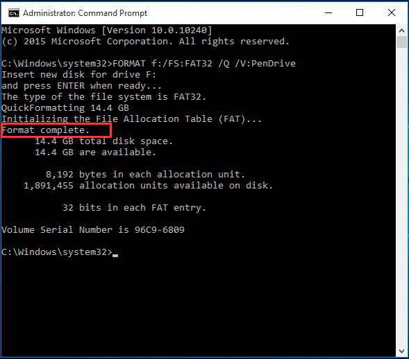 fix the format did not complete successfully by using command