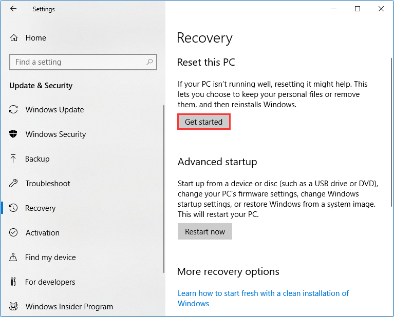 click Get started to restart your PC
