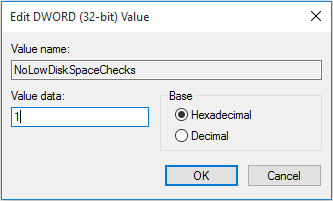 disable low disk space in regedit editor