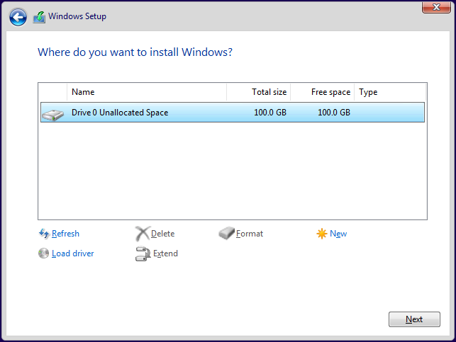 select the new drive to install Windows 10