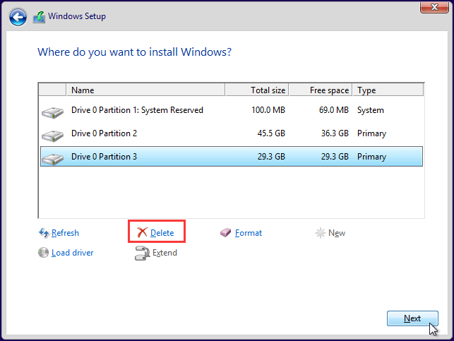 delete partitions and then choose a hard drive to install Windows 10