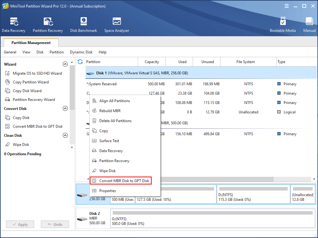 convert MBR to GPT disk in MiniTool Partition Wizard