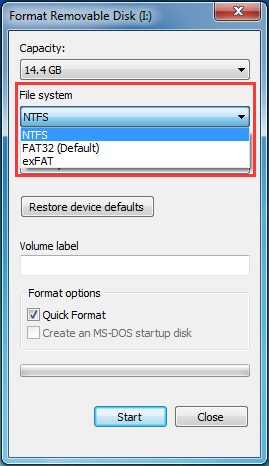 choose NTFS file system