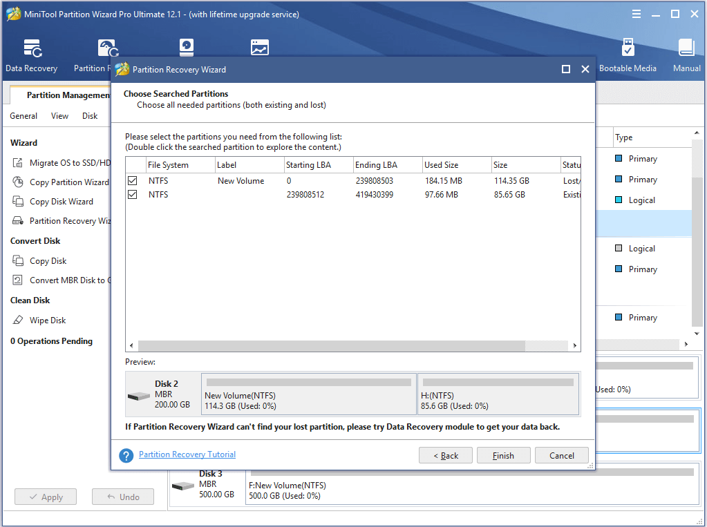 check all partitions and click Finish to continue
