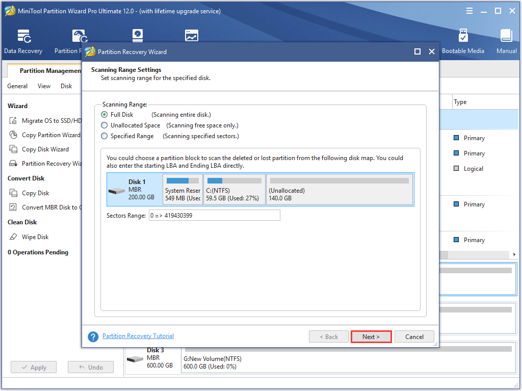 set the scanning range and click Next to continue