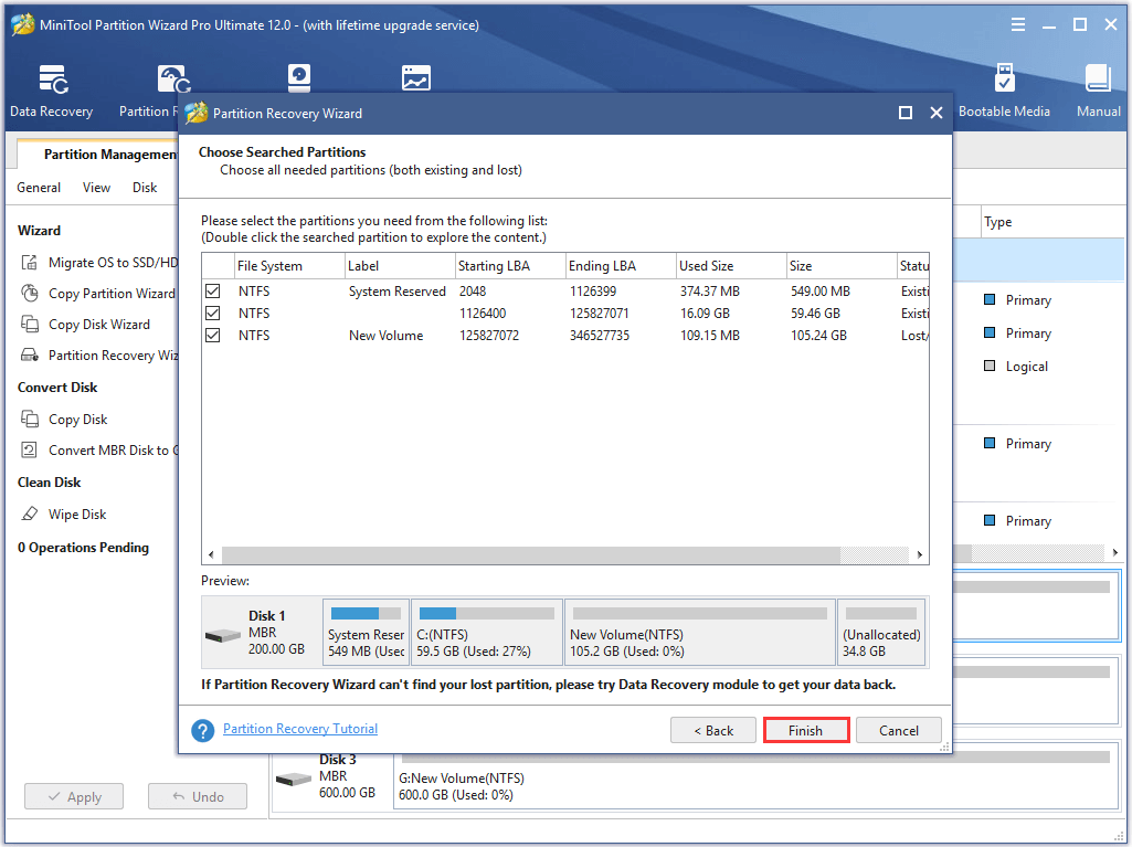 check all partitions and click Finish to continue