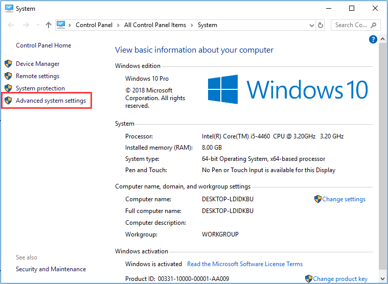 choose Advanced system settings