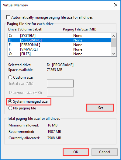 choose system managed size