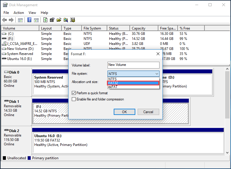 choose FAT32 as the target file system