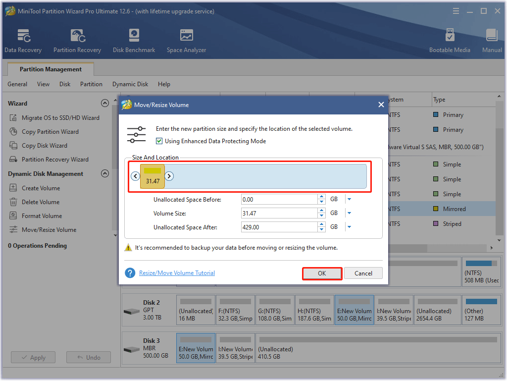 shrink the partition and click OK to continue