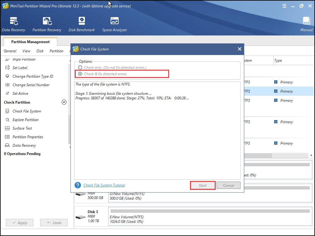 check and fix file system error