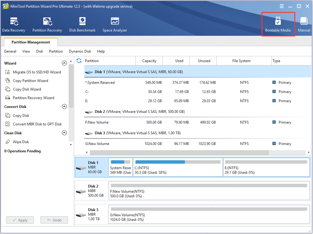 click Bootable Media to create a bootable USB drive