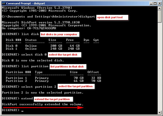 cambiando el tamaño de la partición en todo el servidor de Windows 2003