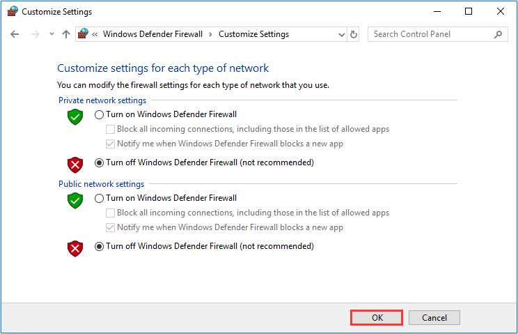 choose Turn off Windows Firewall