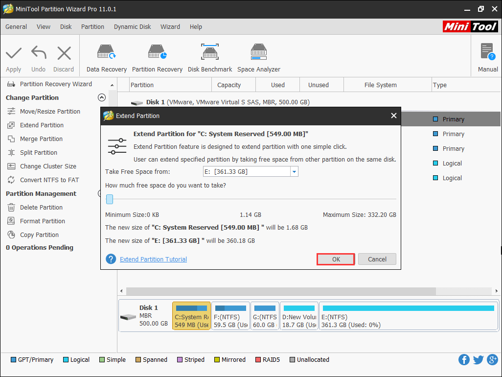 select a partition to take free space and decide how much space to take