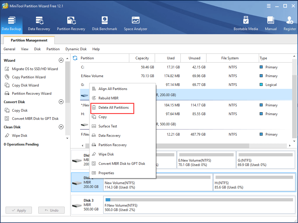 choose Delete All Partitions from the context menu to continue