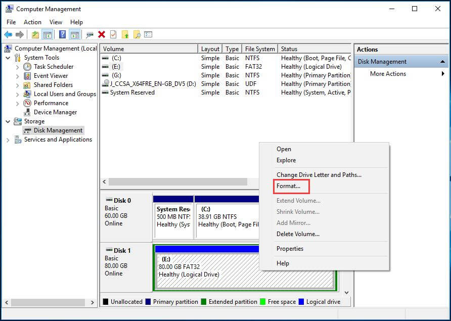 choose Format from the context menu of Disk Management