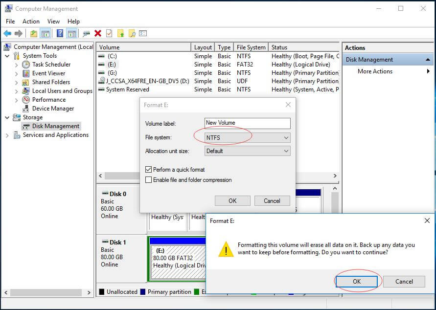 confirm you want to format the FAT32partition to NTFS