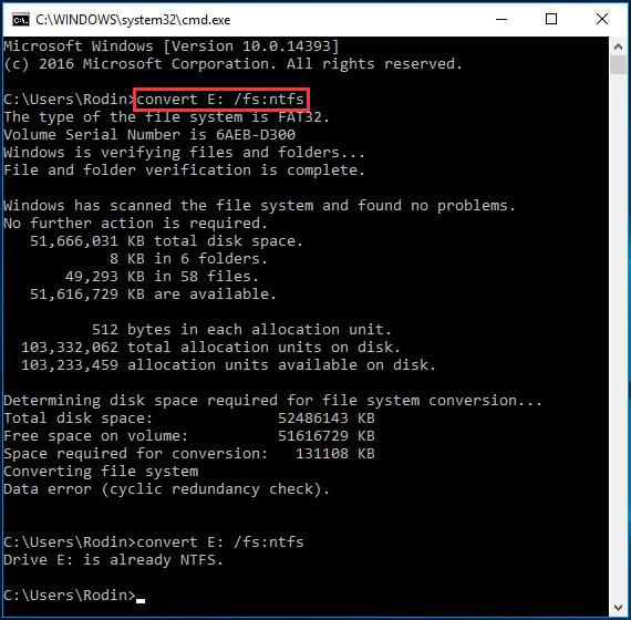 format FAT32 partition to NTFS in CMD