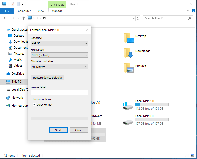 format Windows 10 partition via Windows Explorer