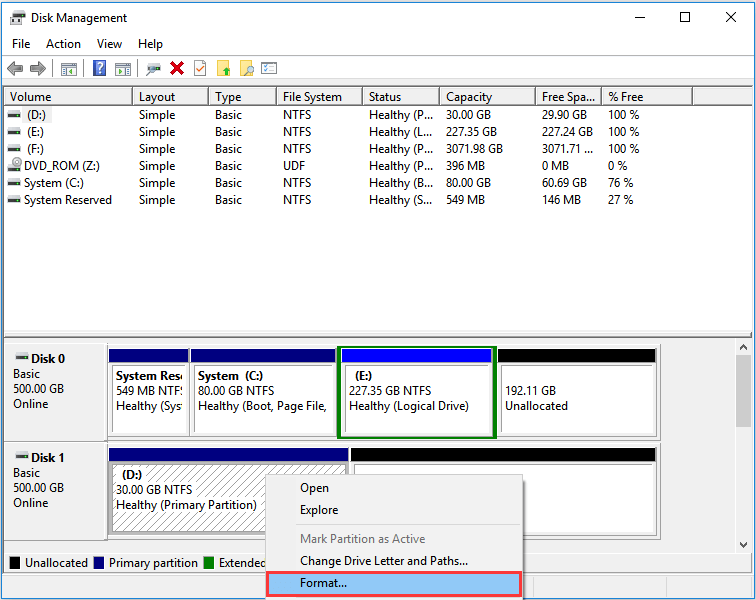 right click the volume to be formatted and choose Format in Disk Management
