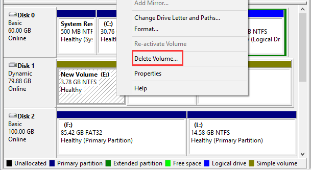 delete dynamic volume in Disk Management