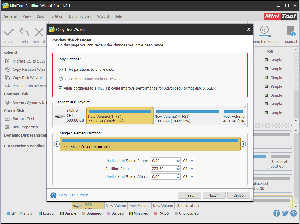 copy options for an MBR dynamic disk