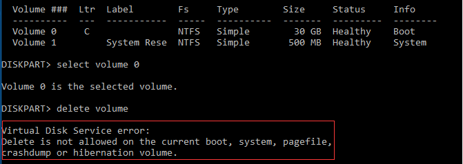 virtual disk service error while deleting system volume