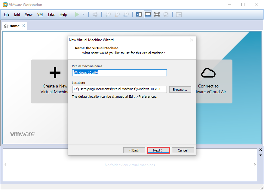 rename the virtual machine and click Next