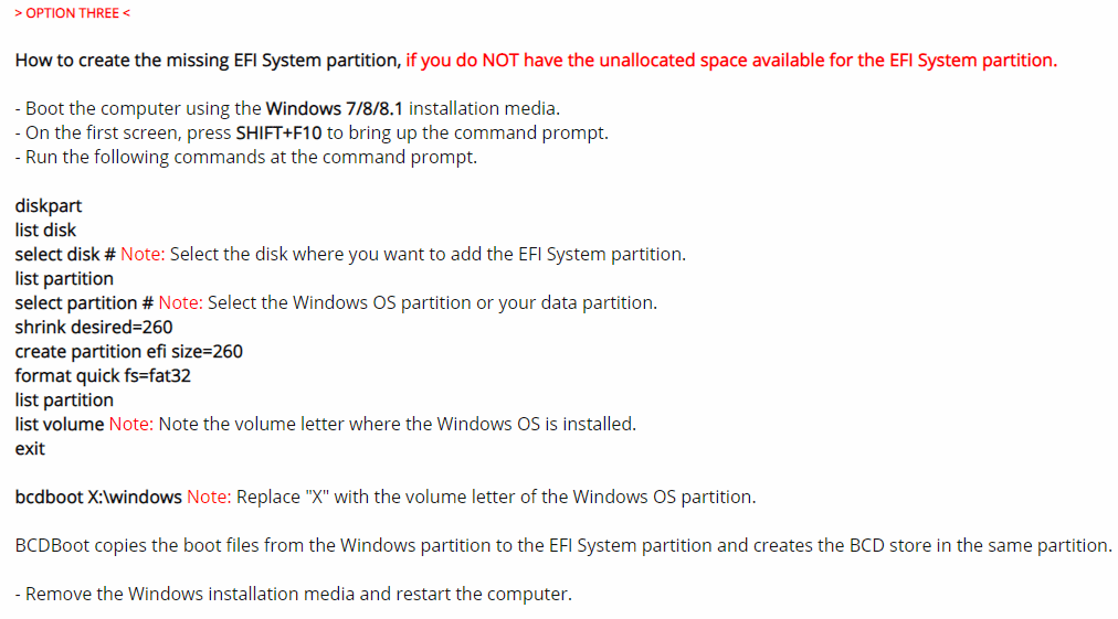 create EFI partition diskpart option three