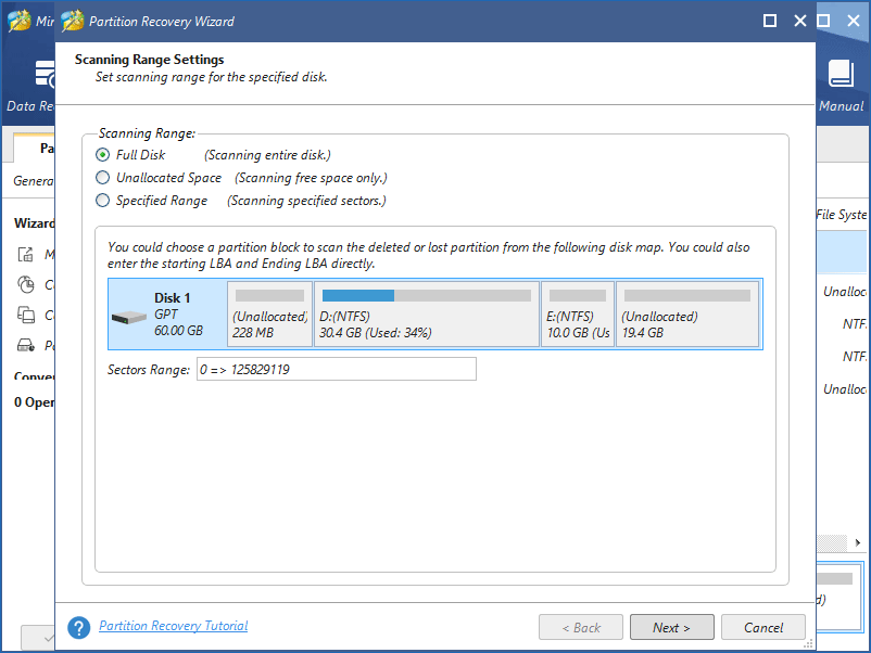 choose scan ranging for Windows partition recovery