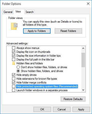 uncheck the option hide protected operating system files