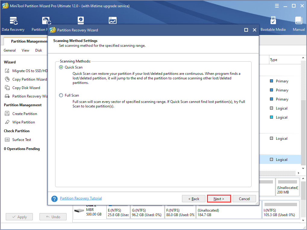 select a scanning method for the Seagate hard drive