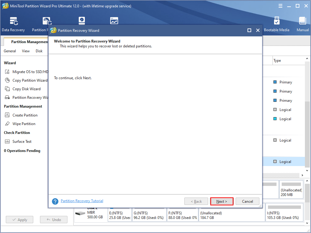 click Next to continue partition recovery wizard