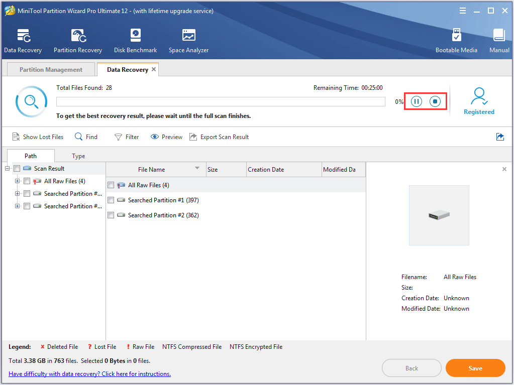 pause or stop the Toshiba hard drive recovery